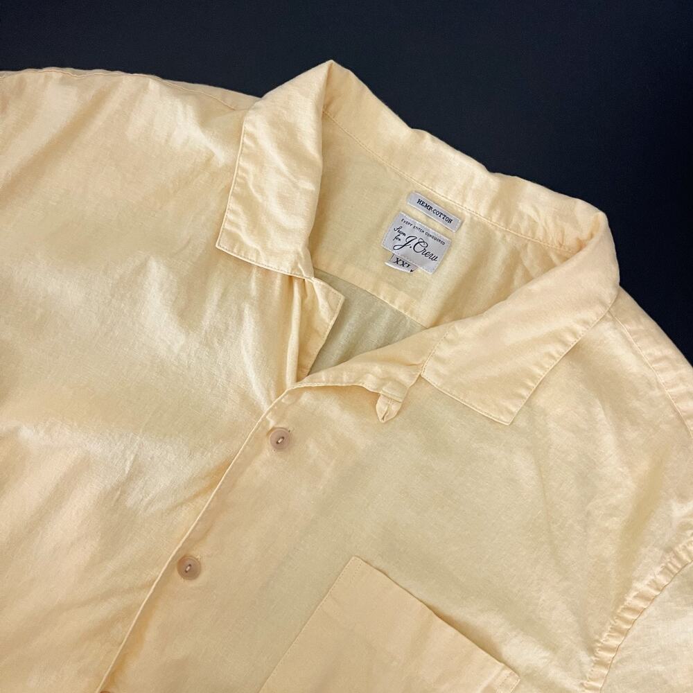 J Crew Camp Shirt Mens XXL Yellow Hemp Cotton Loop Collar Coastal Hawaiian